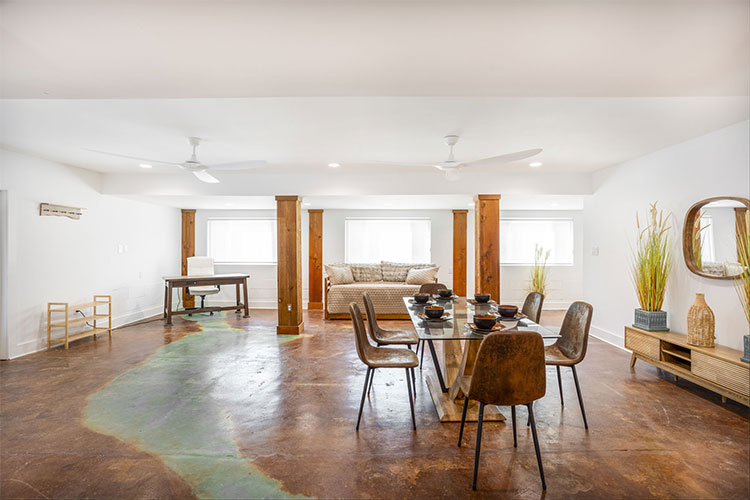 Remote office workspace and dining area at Group Retreat in Fairhope, Alabama